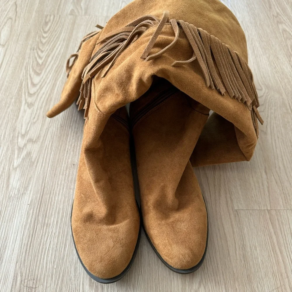 Faux suede knee high fringe boots